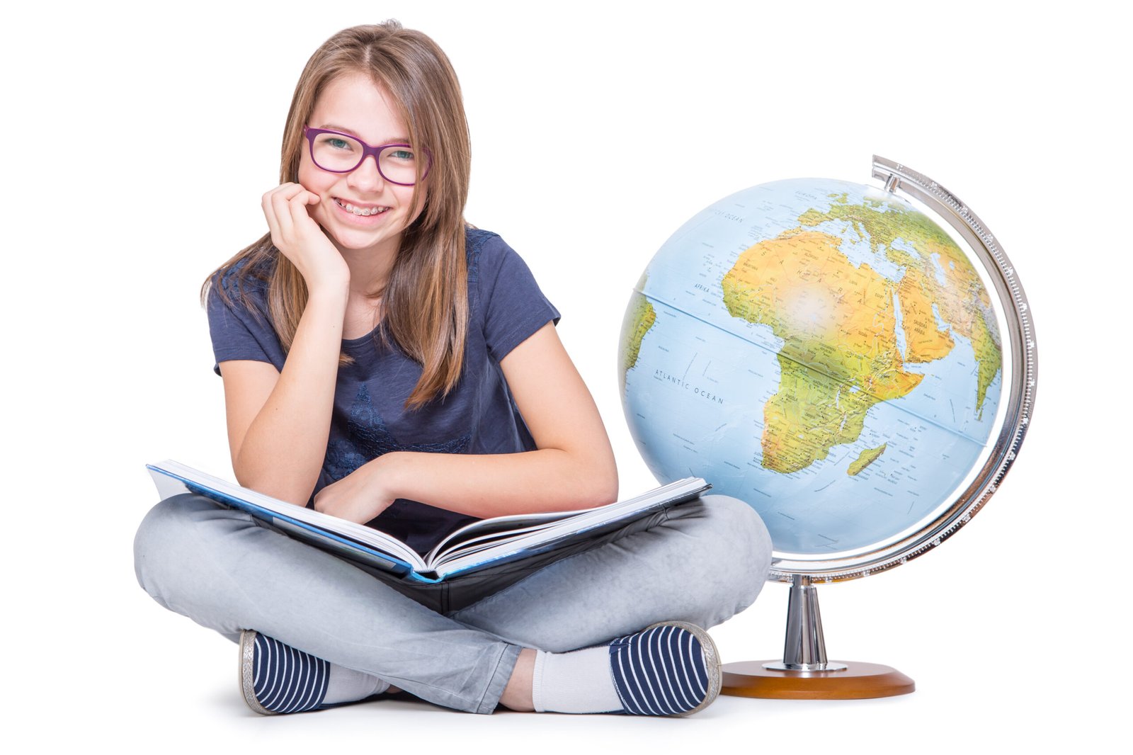 STUDY IN MALAYSIA cute little student girl with globe book girl with glasses teeth braces scaled