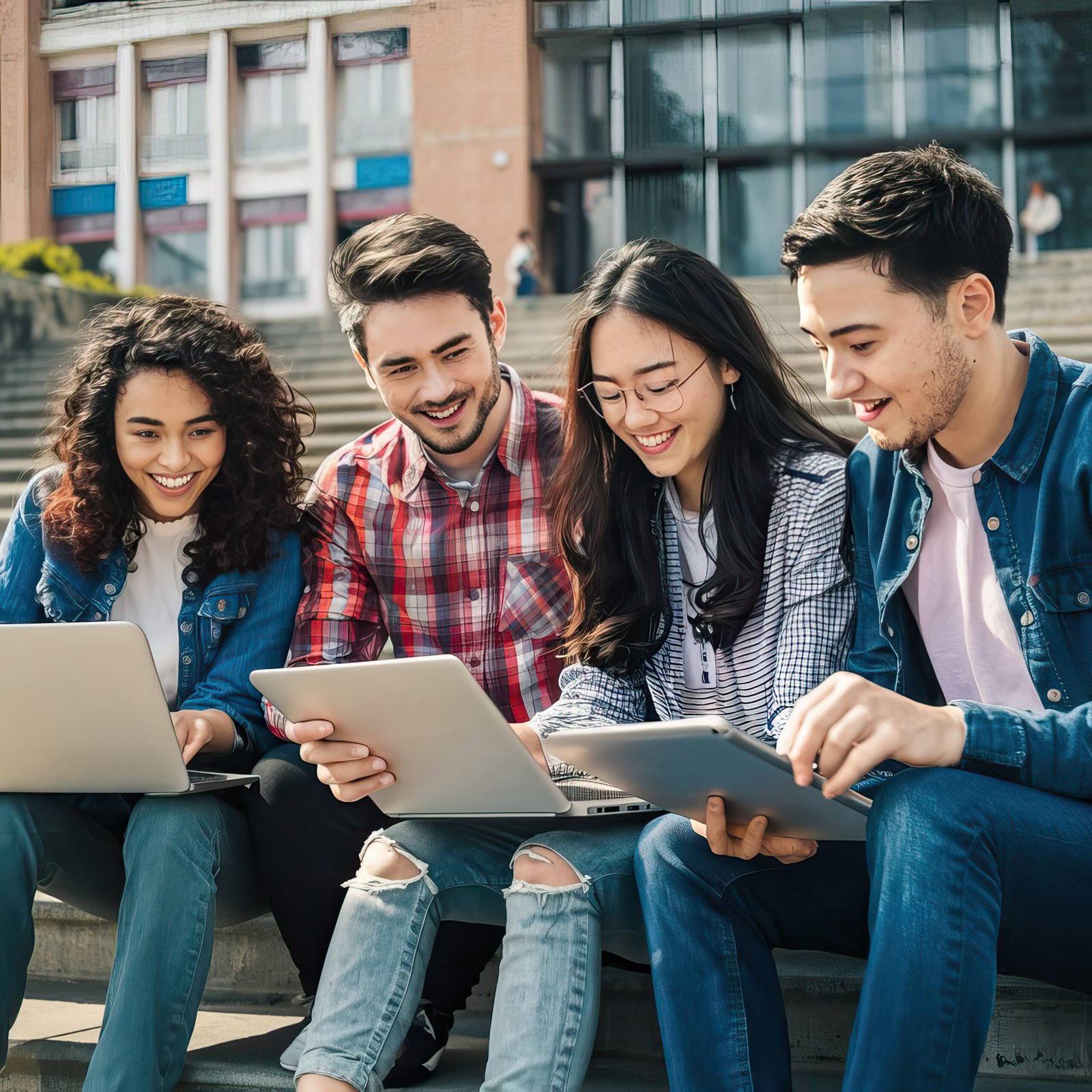 STUDY IN MALAYSIA group diverse young adults using laptops outdoor setting collaborating scaled
