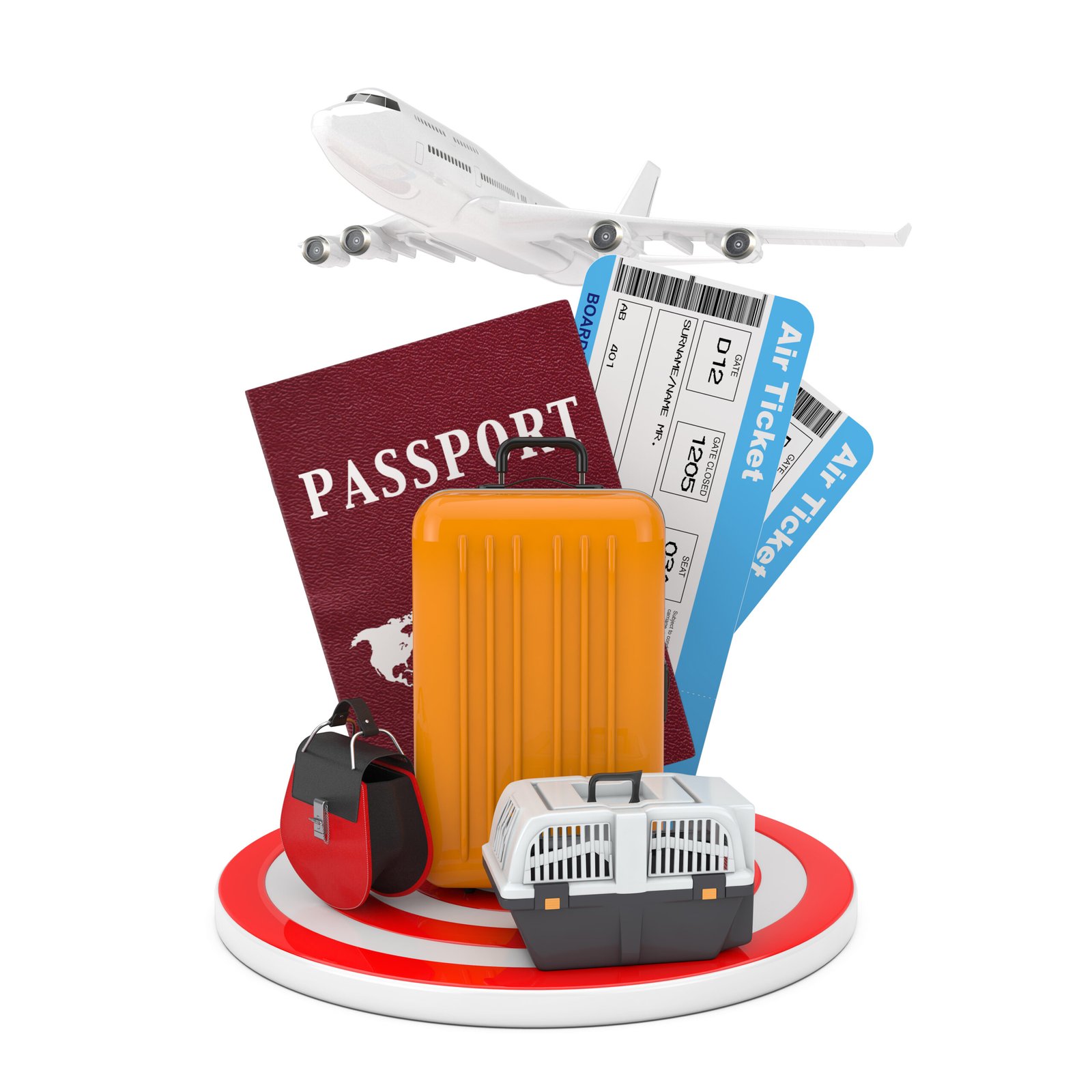 STUDY IN AUSTRAILIA travel concept modern passanger airplane luggage with passport air tickets target circle plate white background 3d rendering scaled